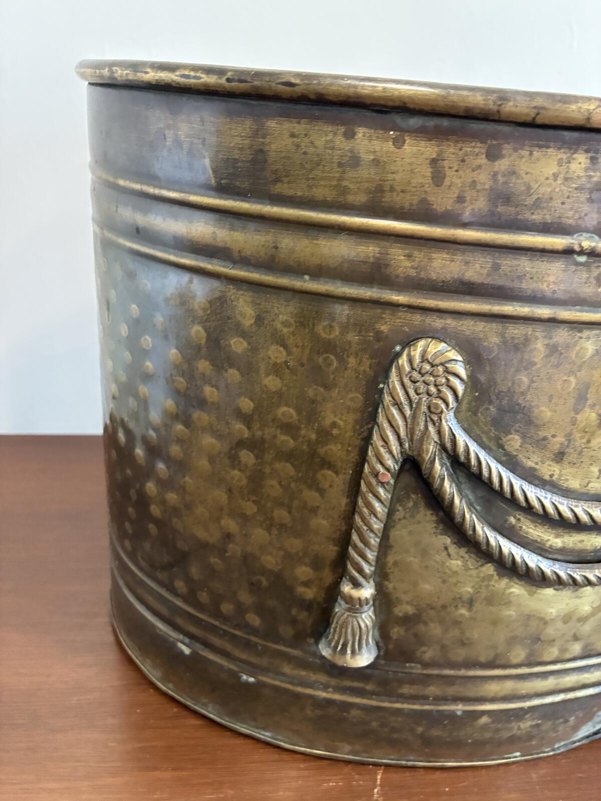 Vintage Brass Planter with Rope Detail, Hollywood Regency Log Holder, India