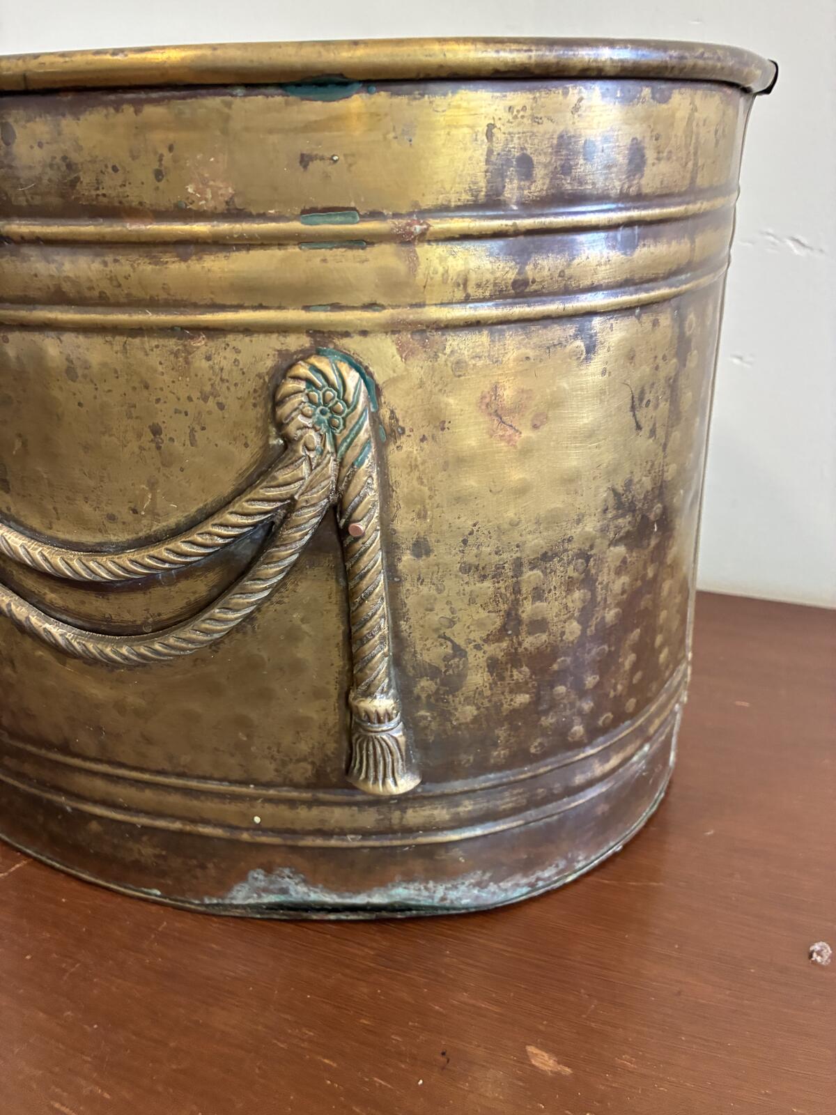 Vintage Brass Planter with Rope Detail, Hollywood Regency Log Holder, India