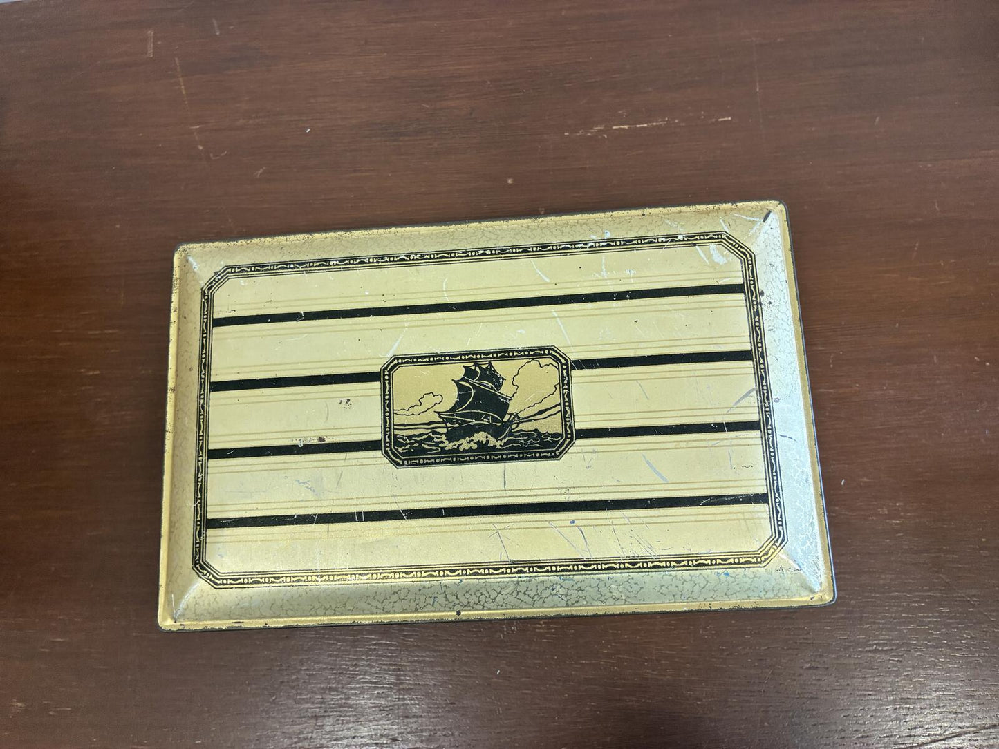 Vintage Gold Metal Hinged Box with Nautical Ship, Art Deco Storage Tin