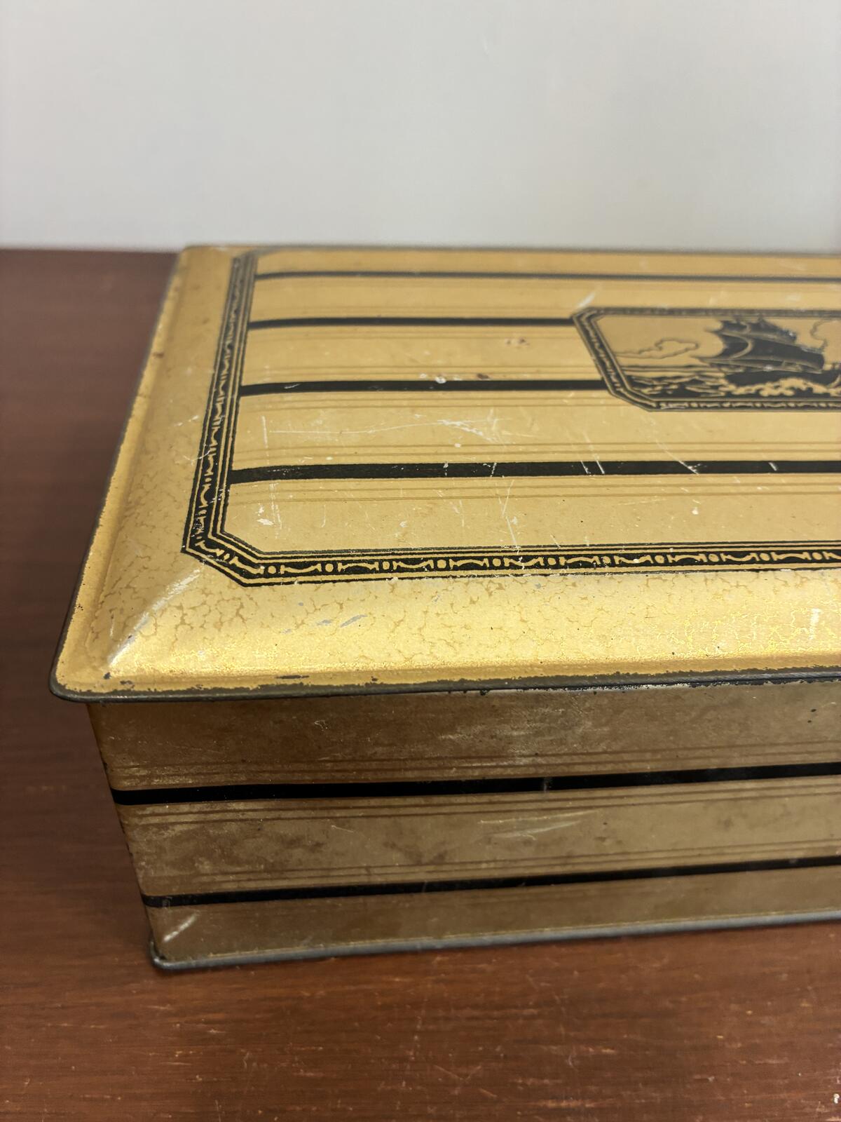Vintage Gold Metal Hinged Box with Nautical Ship, Art Deco Storage Tin