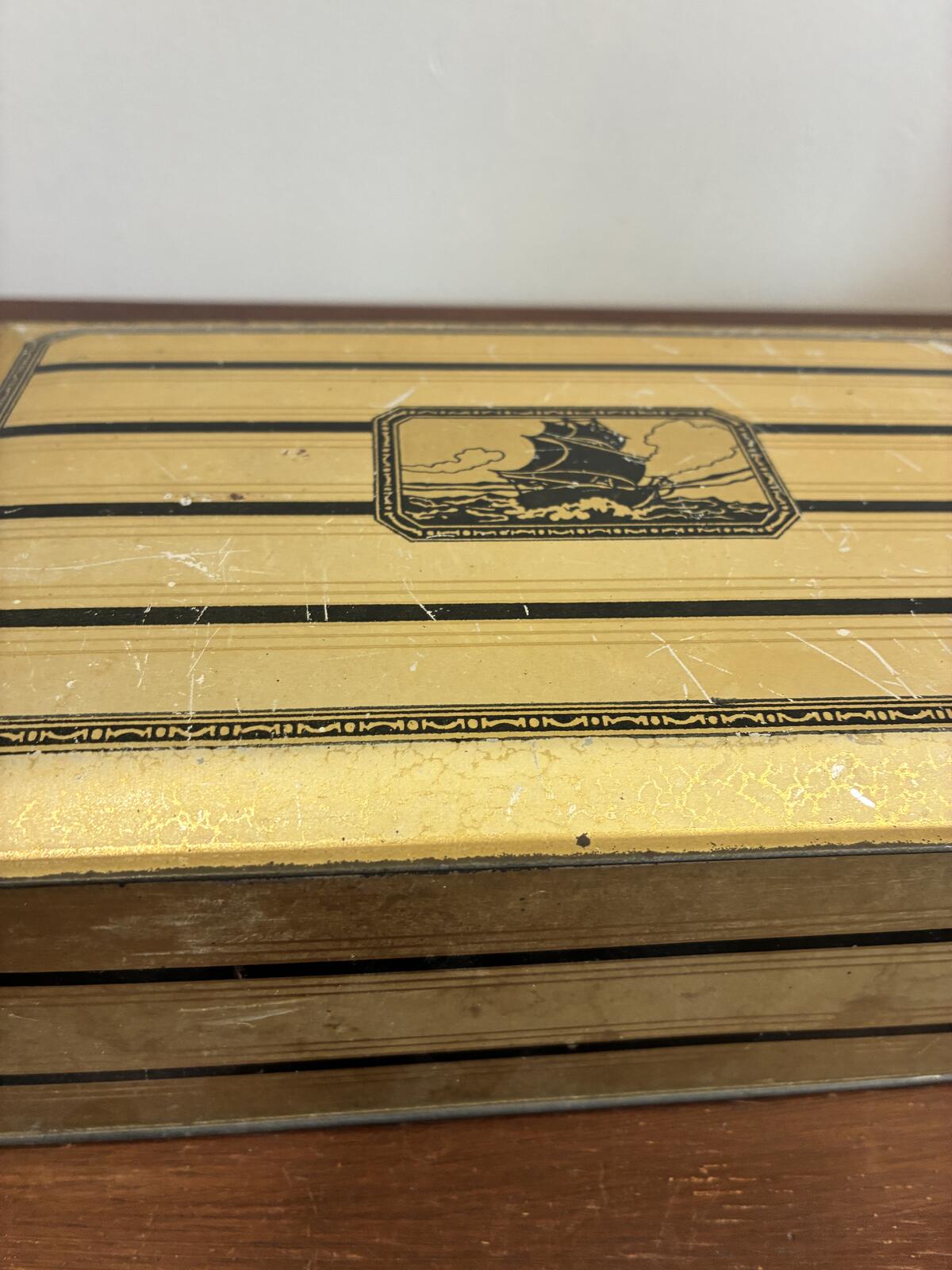 Vintage Gold Metal Hinged Box with Nautical Ship, Art Deco Storage Tin