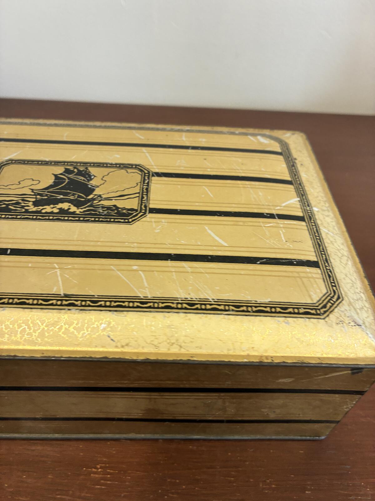 Vintage Gold Metal Hinged Box with Nautical Ship, Art Deco Storage Tin