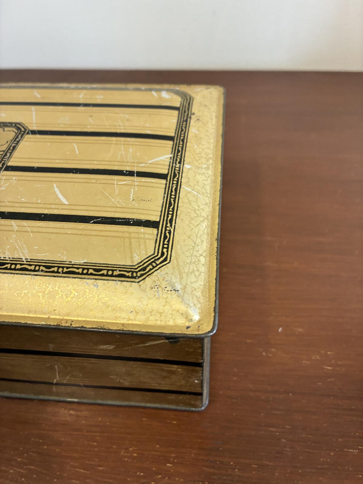Vintage Gold Metal Hinged Box with Nautical Ship, Art Deco Storage Tin