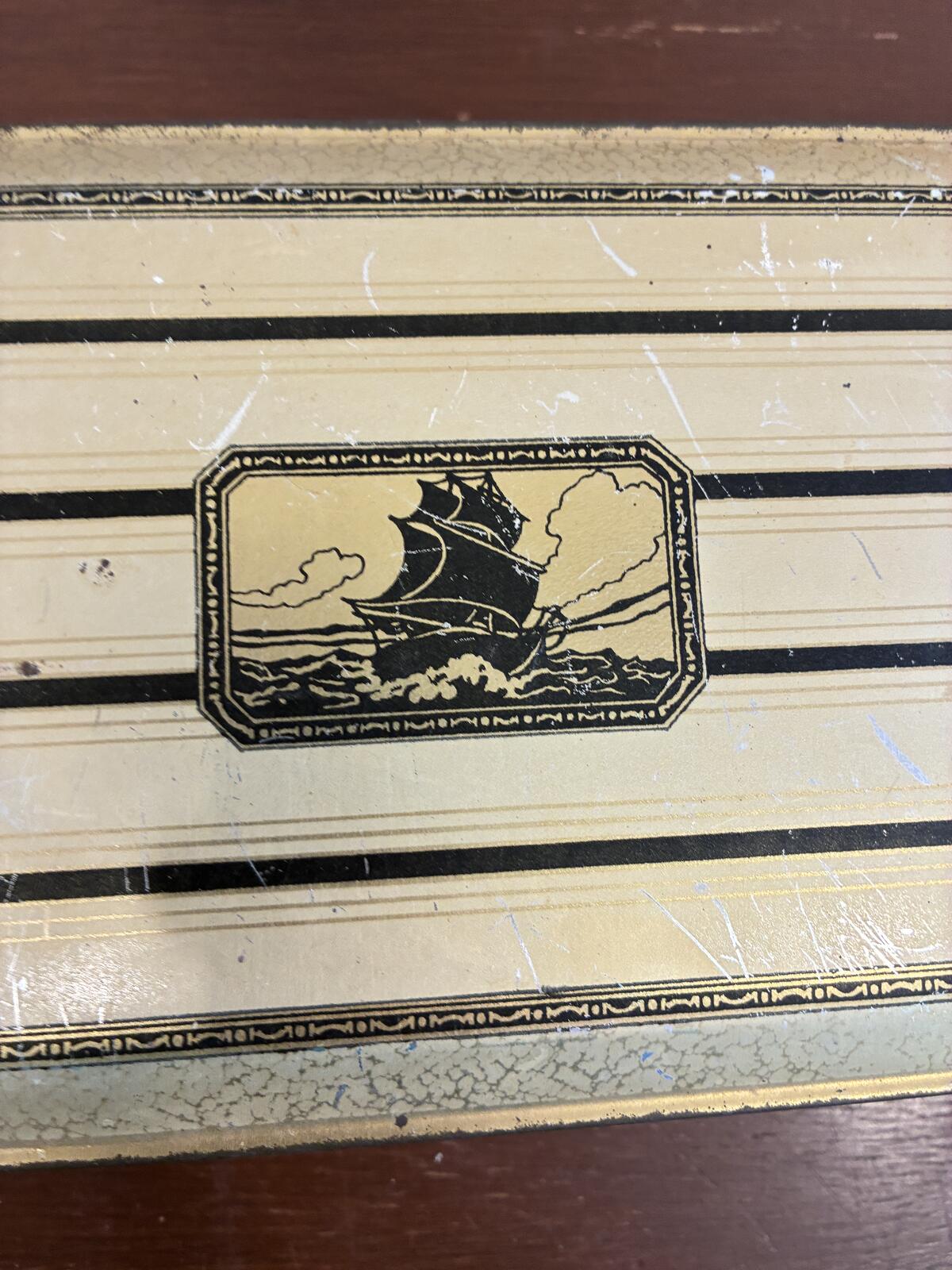 Vintage Gold Metal Hinged Box with Nautical Ship, Art Deco Storage Tin