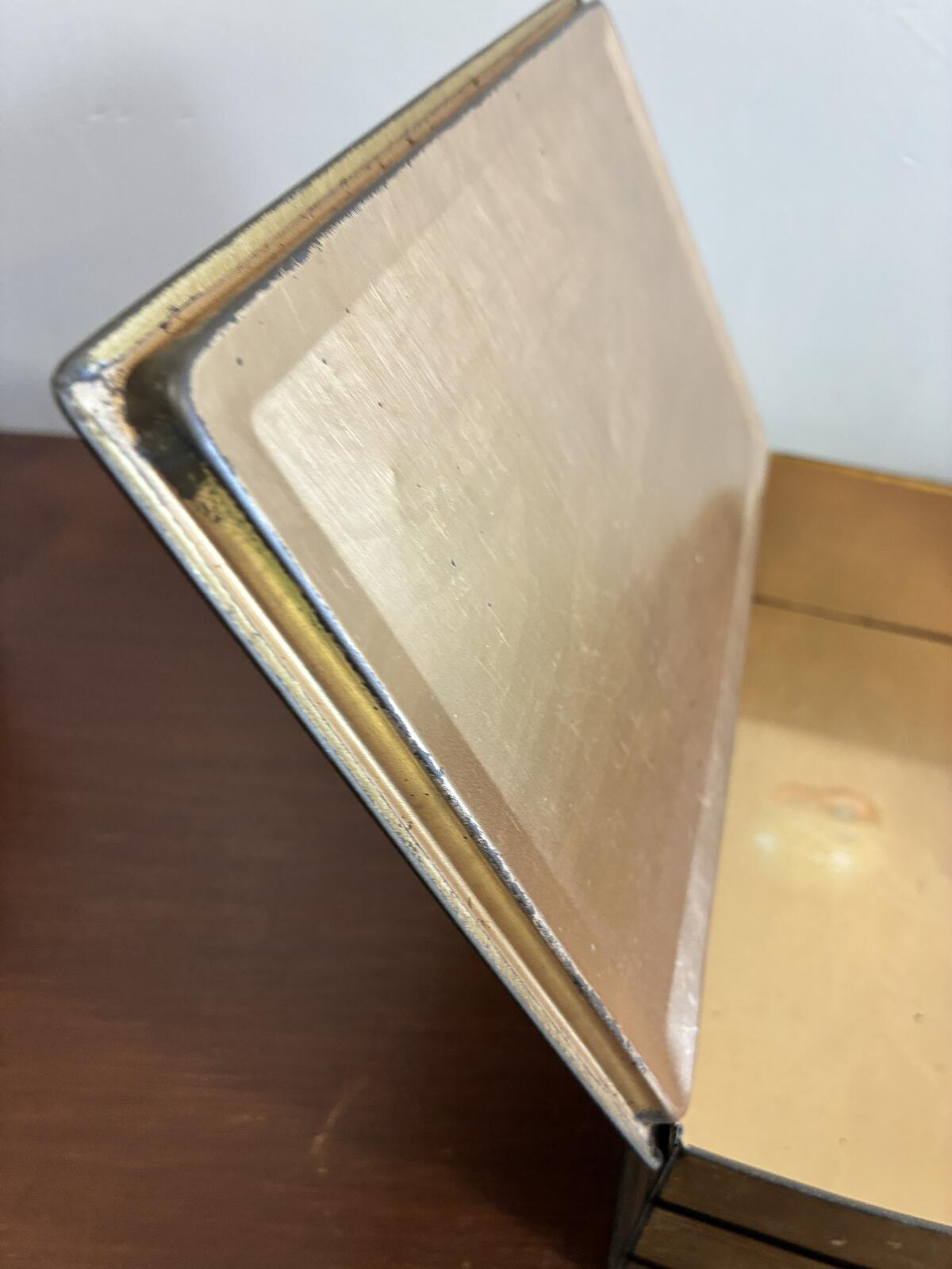 Vintage Gold Metal Hinged Box with Nautical Ship, Art Deco Storage Tin