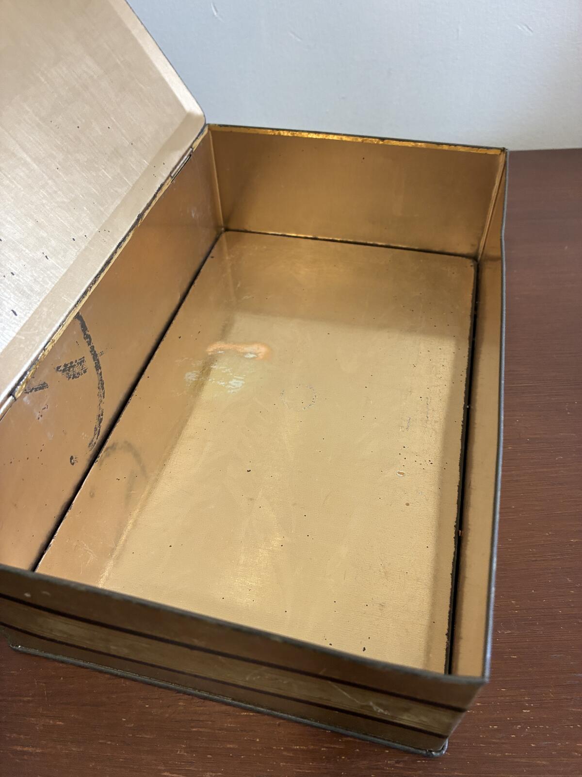 Vintage Gold Metal Hinged Box with Nautical Ship, Art Deco Storage Tin