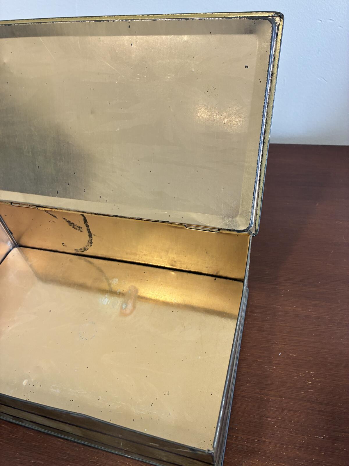 Vintage Gold Metal Hinged Box with Nautical Ship, Art Deco Storage Tin