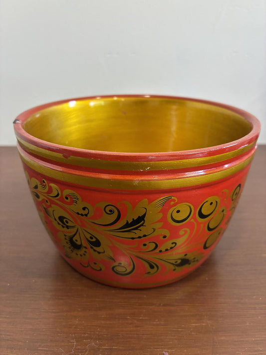 Vintage Hand Painted Red and Gold Wooden Bowl, Folk Art, Boho Cottage Decor