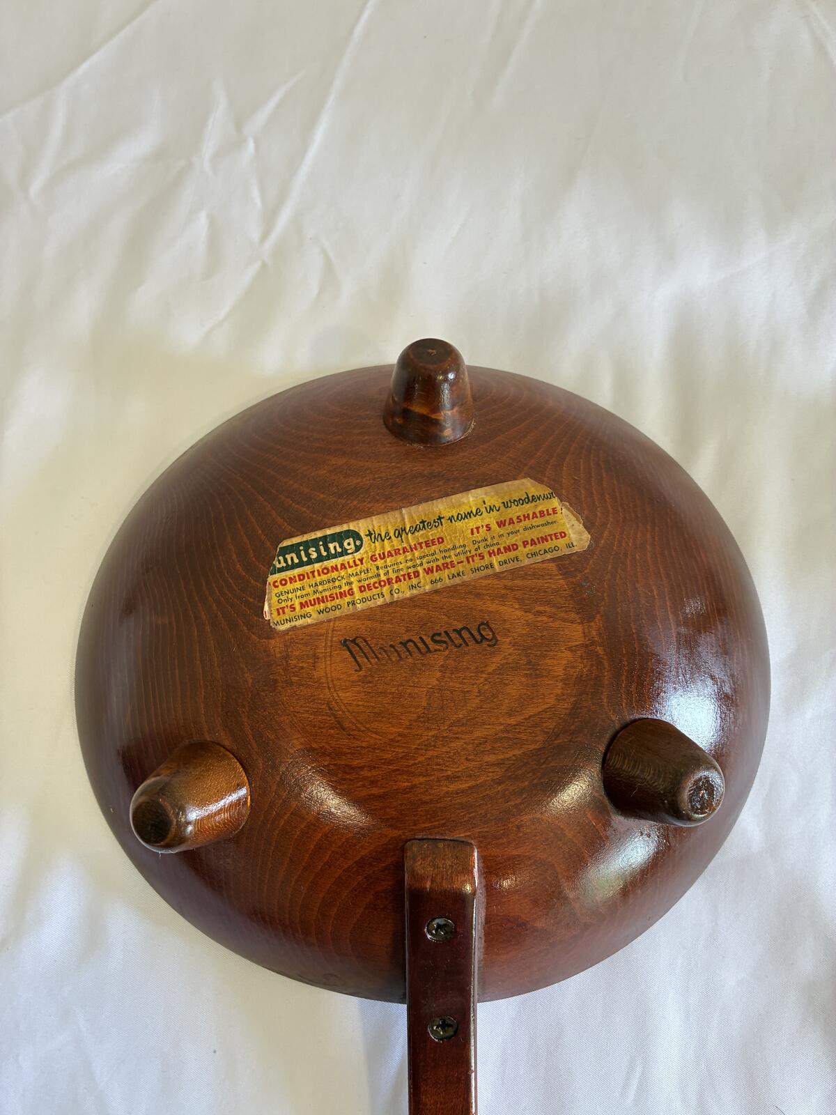 Vintage Munising Wooden Handled Bowl, Mid Century Scandinavian Wood Serving Dish