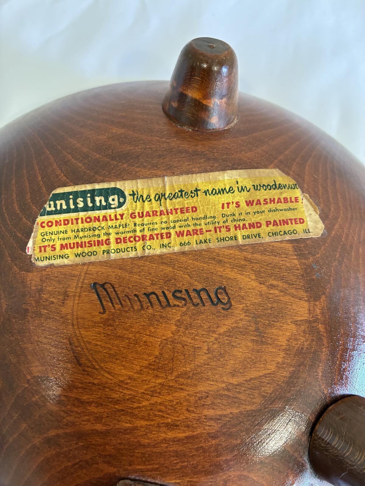 Vintage Munising Wooden Handled Bowl, Mid Century Scandinavian Wood Serving Dish