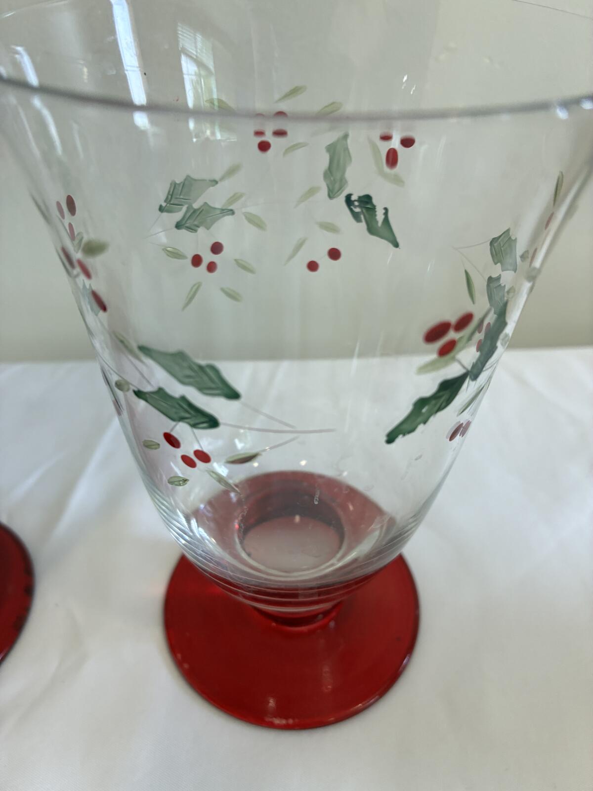 Pfaltzgraff Holly Berry Glasses Set of 2 Red Stem Christmas Holiday Goblet