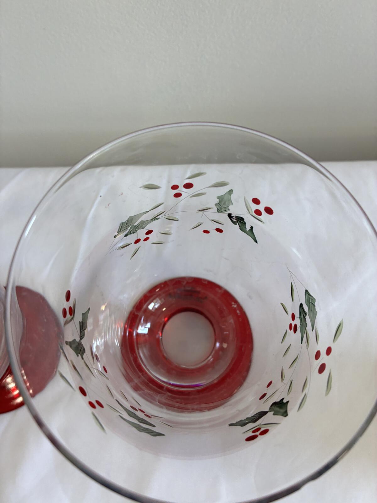Pfaltzgraff Holly Berry Glasses Set of 2 Red Stem Christmas Holiday Goblet