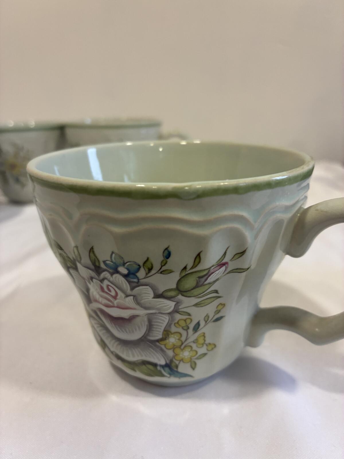 Provinstone Rose Marie Mugs Set of 4 Made in Japan Vintage Floral Green Tea Cups