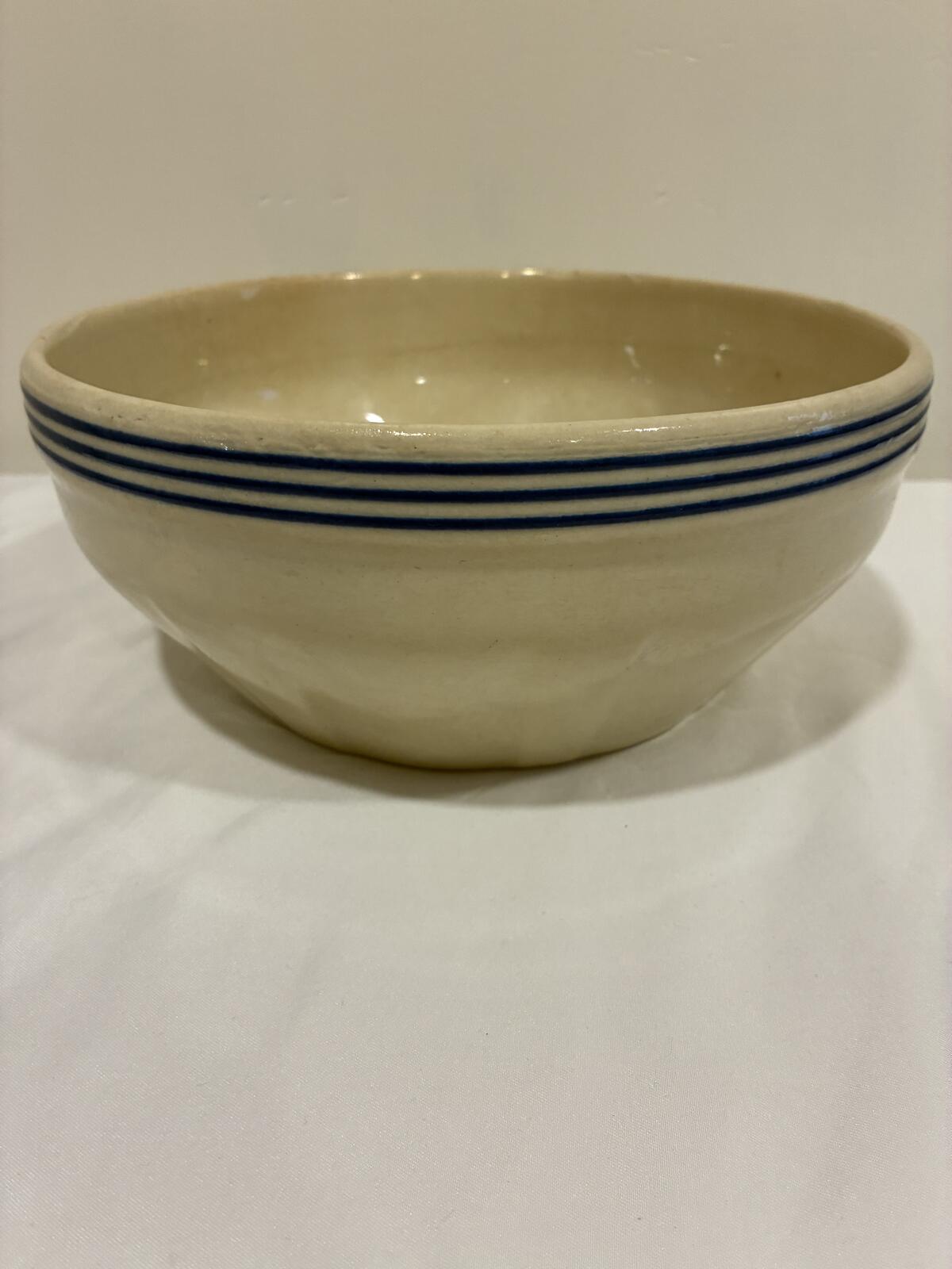 Vintage Blue Stripe Mixing Bowl, Farmhouse Stoneware Crock, Rustic Kitchen Bowl, Country Cottage Decor