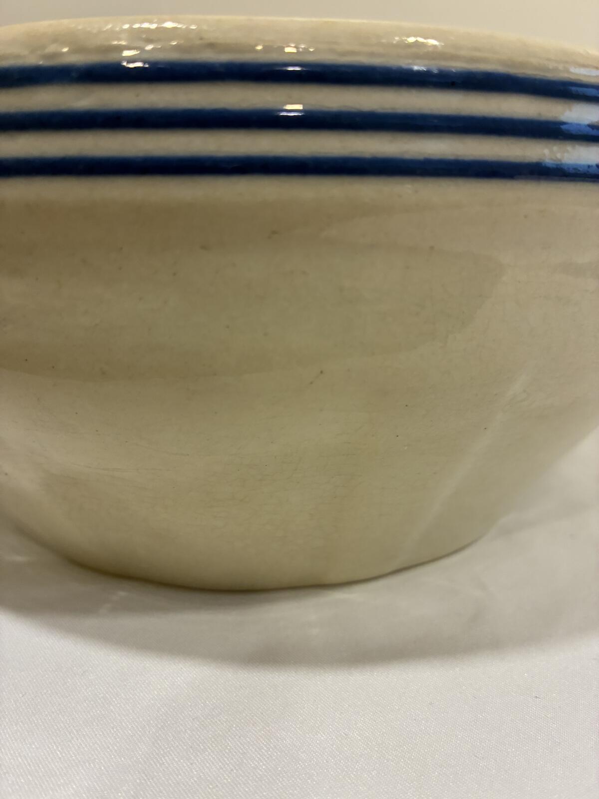 Vintage Blue Stripe Mixing Bowl, Farmhouse Stoneware Crock, Rustic Kitchen Bowl, Country Cottage Decor
