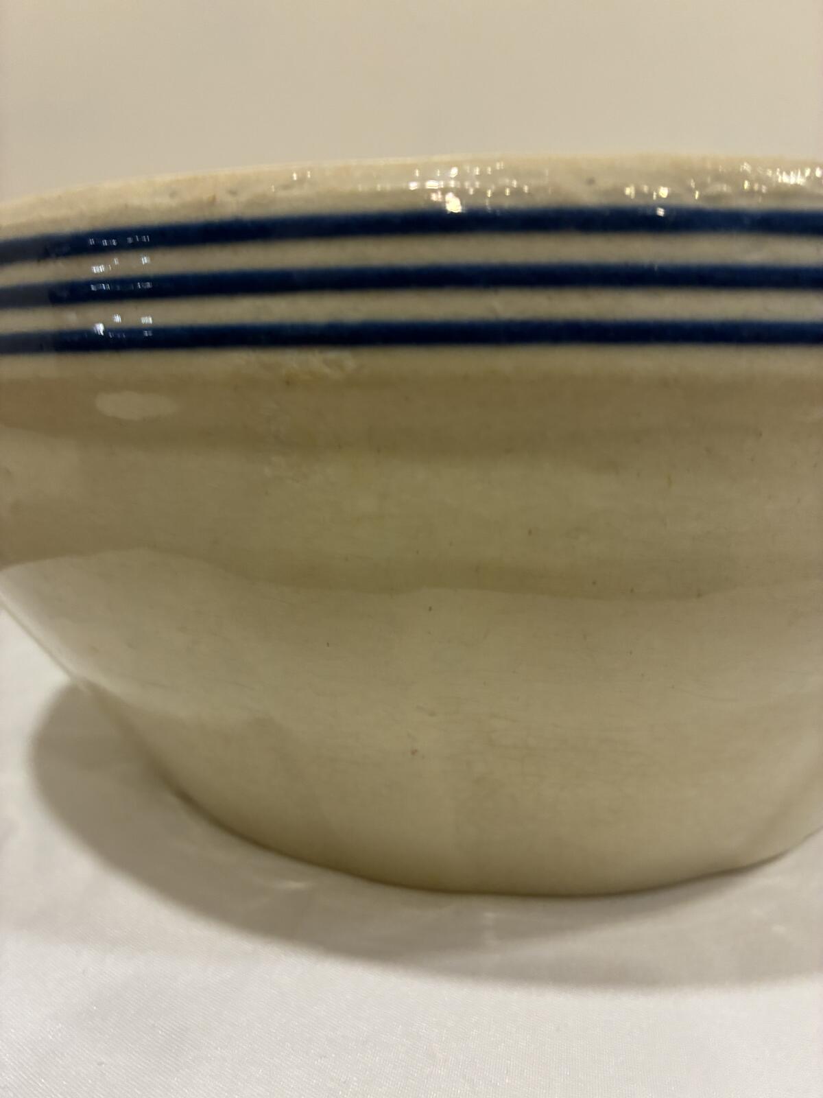 Vintage Blue Stripe Mixing Bowl, Farmhouse Stoneware Crock, Rustic Kitchen Bowl, Country Cottage Decor