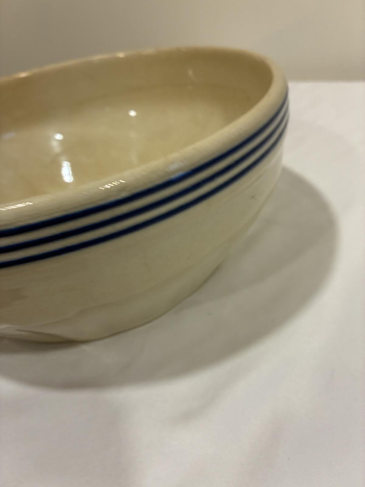 Vintage Blue Stripe Mixing Bowl, Farmhouse Stoneware Crock, Rustic Kitchen Bowl, Country Cottage Decor