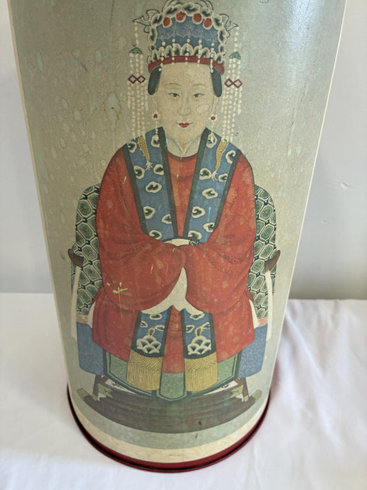 Vintage Asian Umbrella Stand, Chinoiserie Red Metal Floor Vase