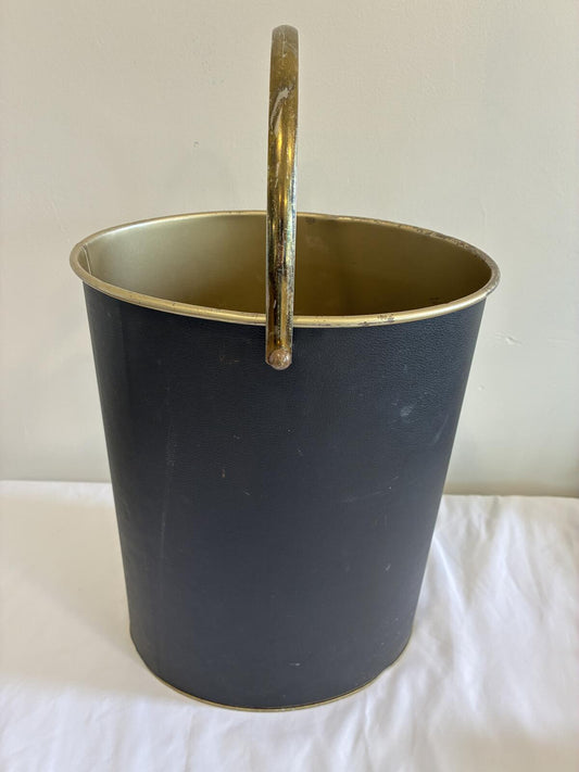 Vintage Mid Century Wastebasket with Handle, Black and Gold Metal Trash Bin