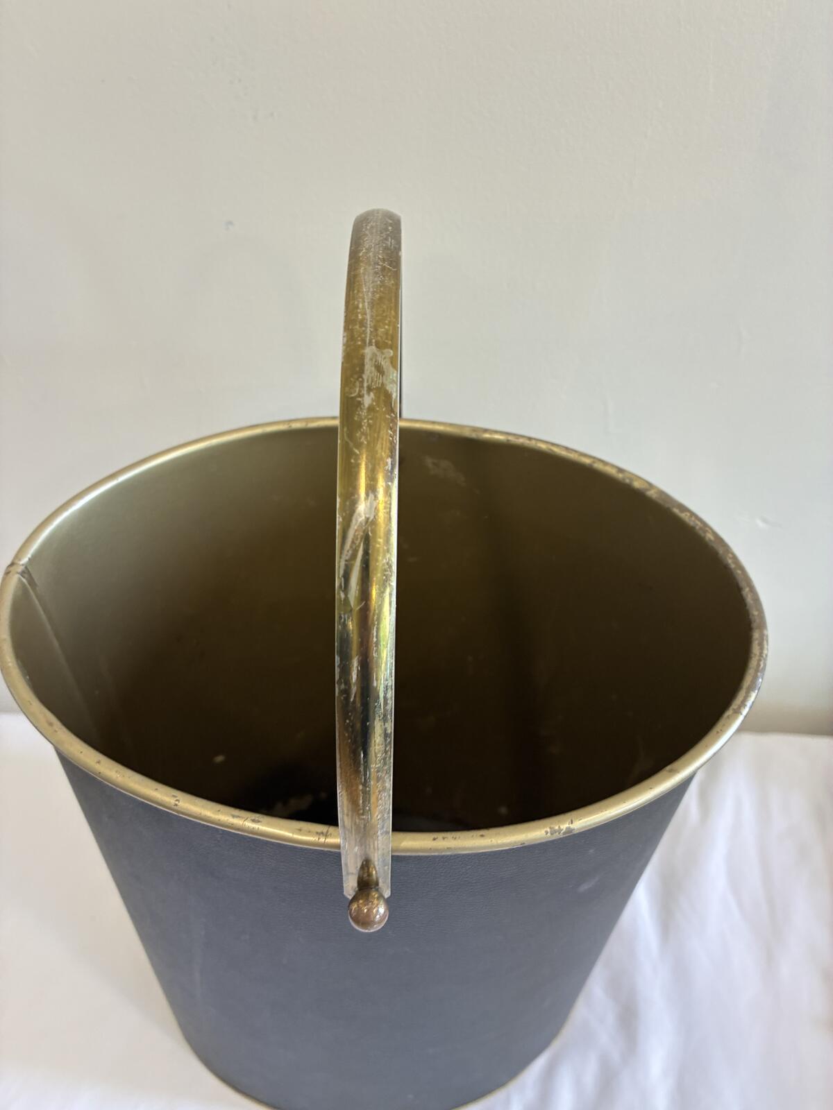Vintage Mid Century Wastebasket with Handle, Black and Gold Metal Trash Bin