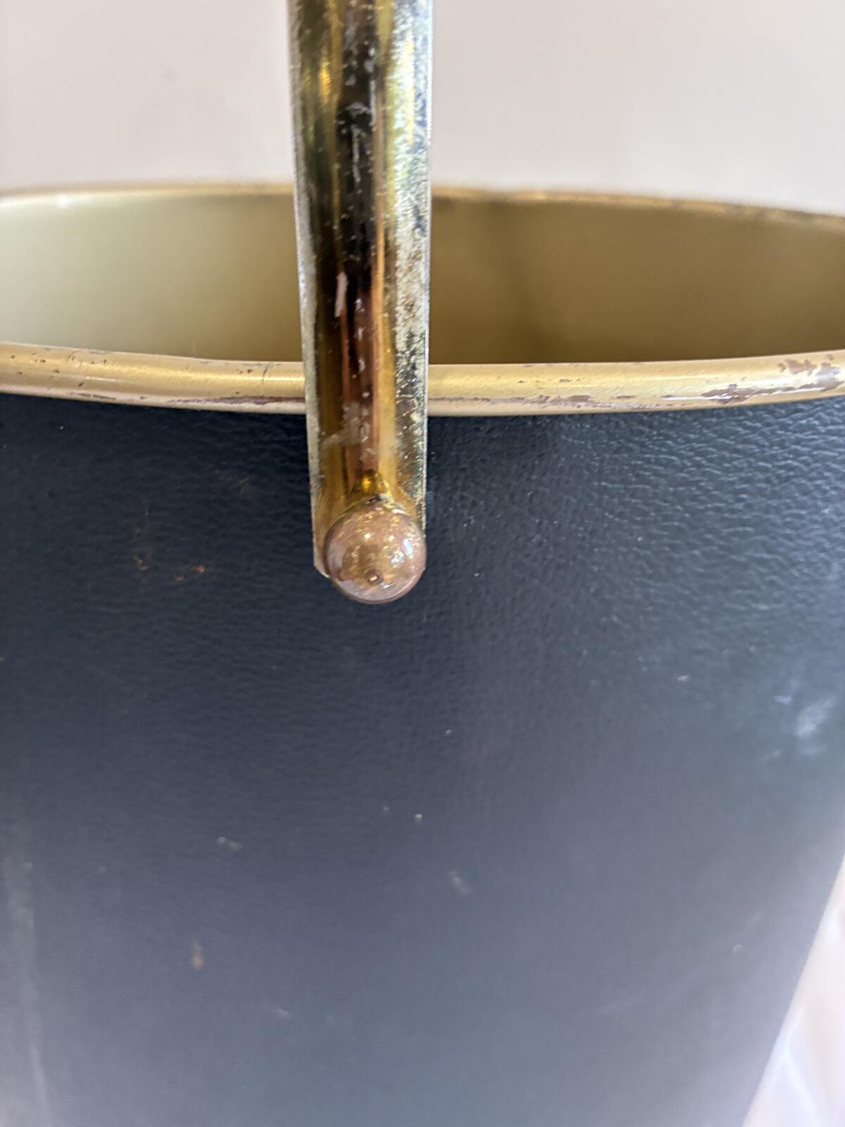 Vintage Mid Century Wastebasket with Handle, Black and Gold Metal Trash Bin
