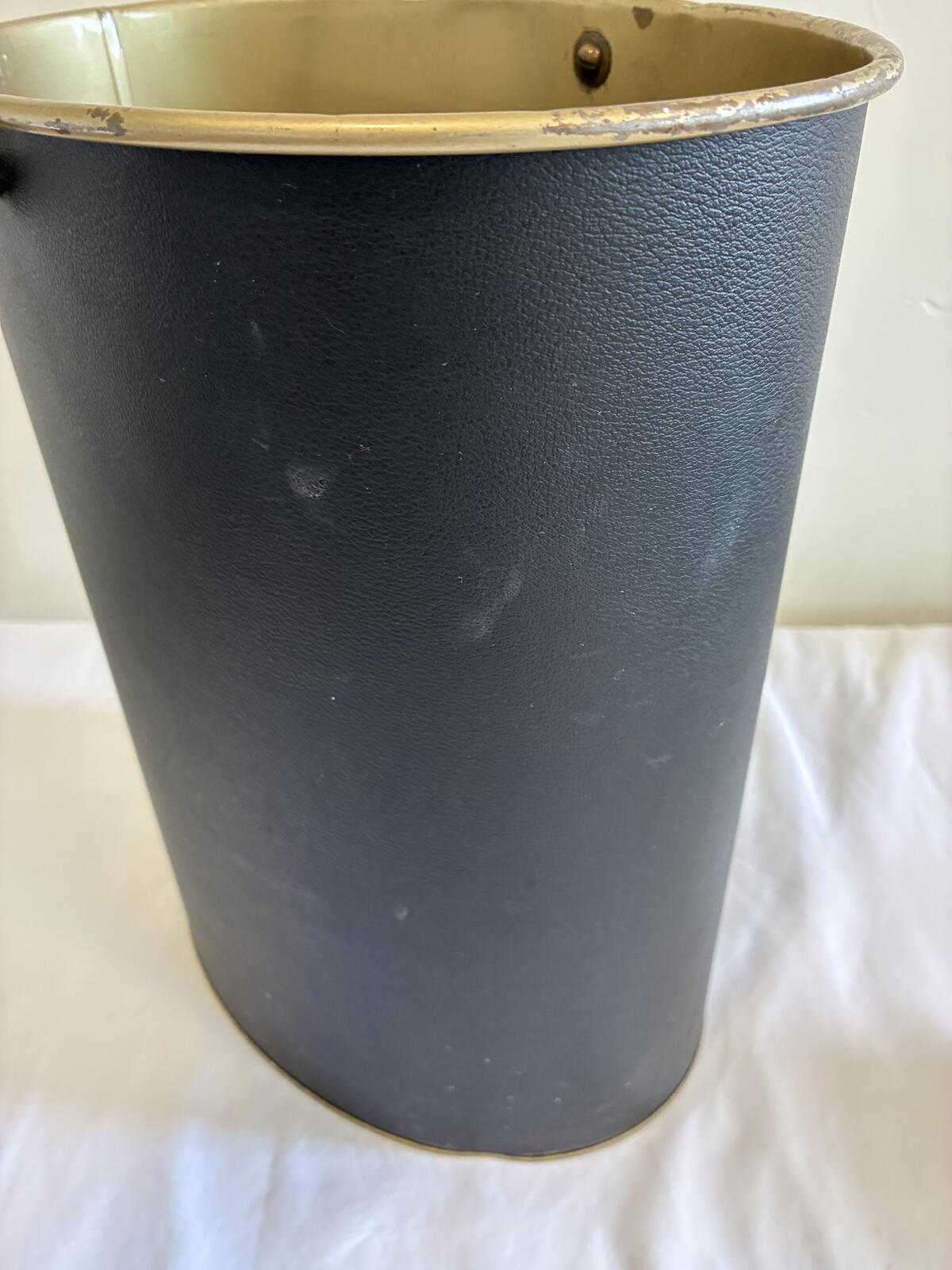 Vintage Mid Century Wastebasket with Handle, Black and Gold Metal Trash Bin