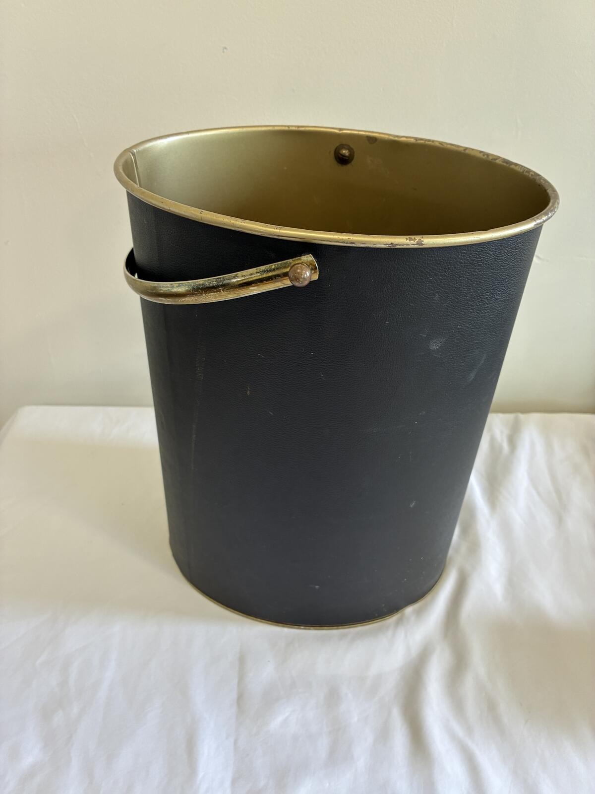 Vintage Mid Century Wastebasket with Handle, Black and Gold Metal Trash Bin