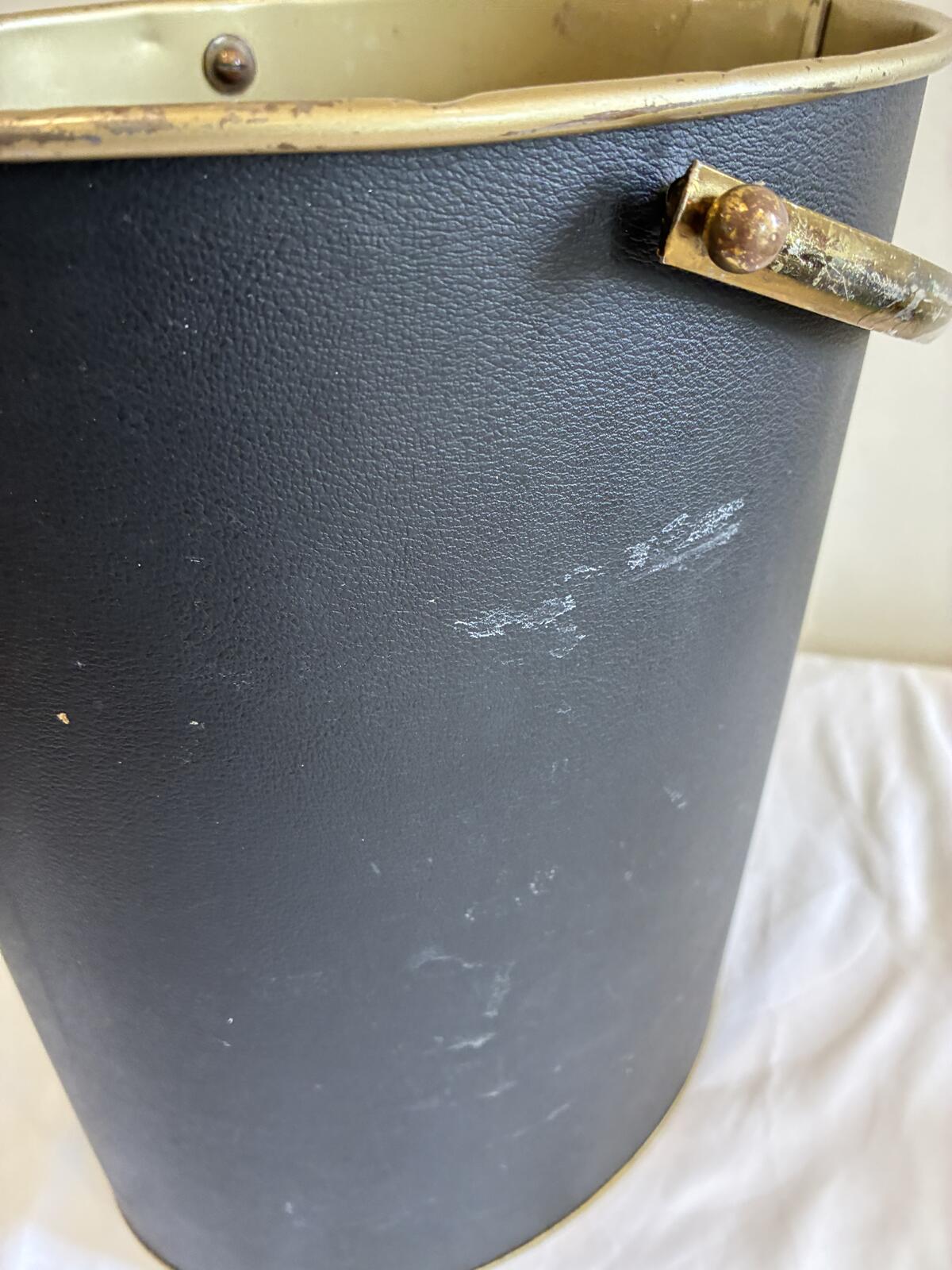 Vintage Mid Century Wastebasket with Handle, Black and Gold Metal Trash Bin