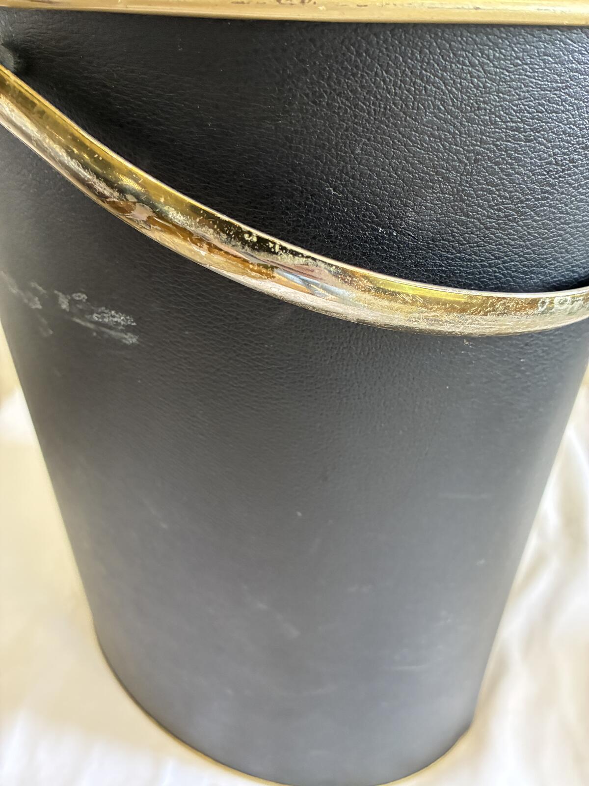 Vintage Mid Century Wastebasket with Handle, Black and Gold Metal Trash Bin