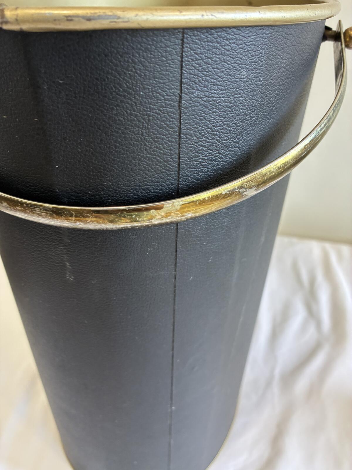 Vintage Mid Century Wastebasket with Handle, Black and Gold Metal Trash Bin