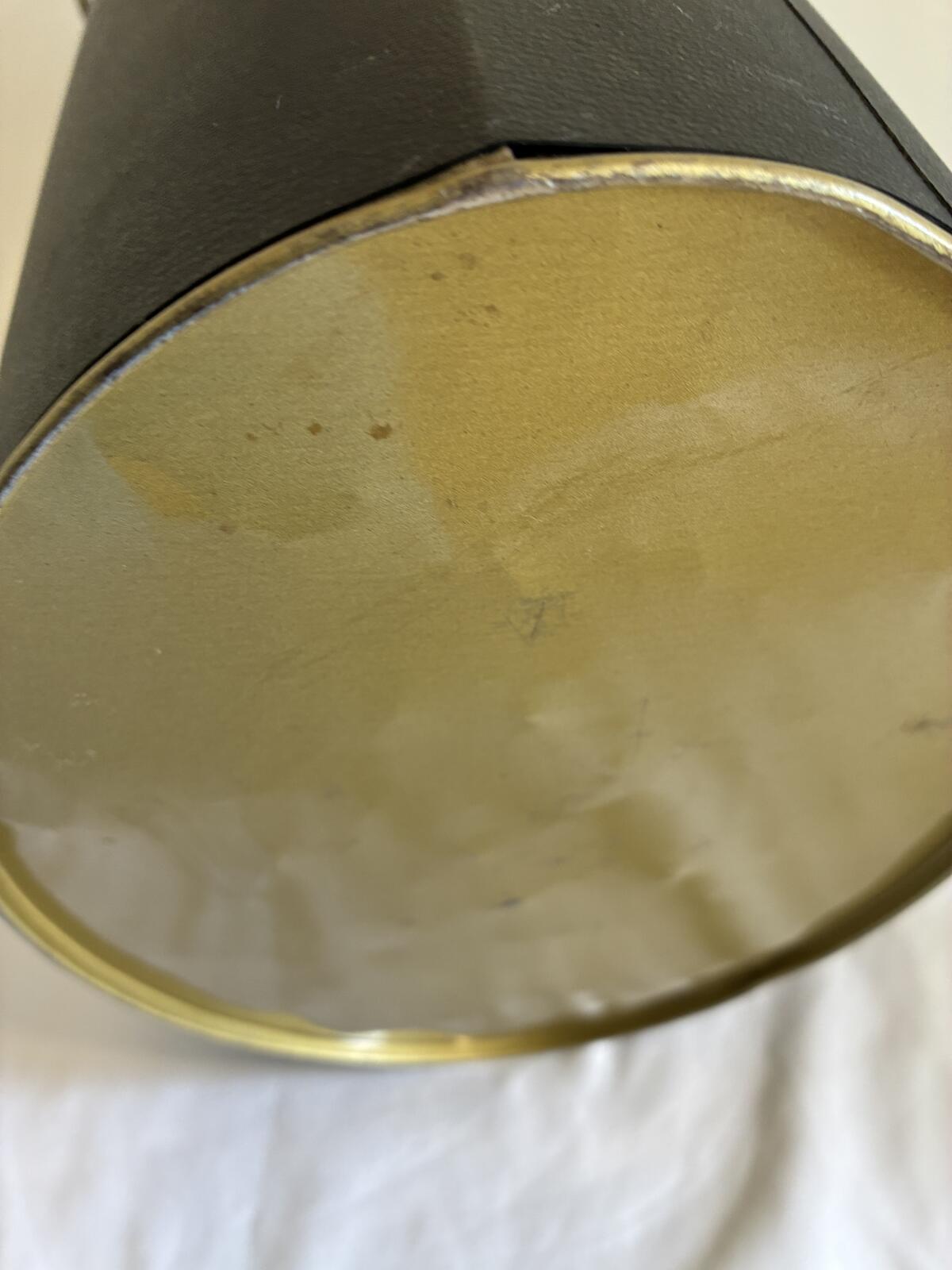 Vintage Mid Century Wastebasket with Handle, Black and Gold Metal Trash Bin