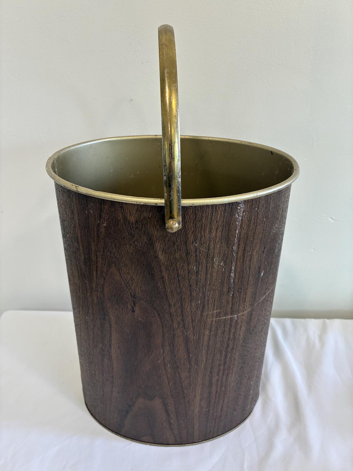 Vintage Faux Woodgrain Wastebasket, Mid Century Trash Bin with Handle