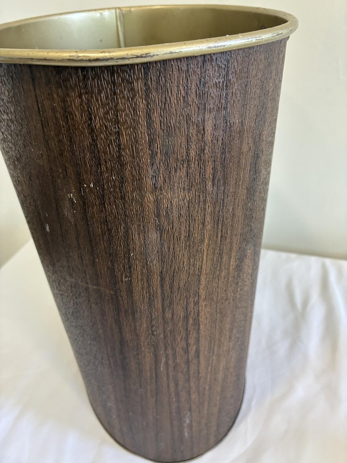 Vintage Faux Woodgrain Wastebasket, Mid Century Trash Bin with Handle