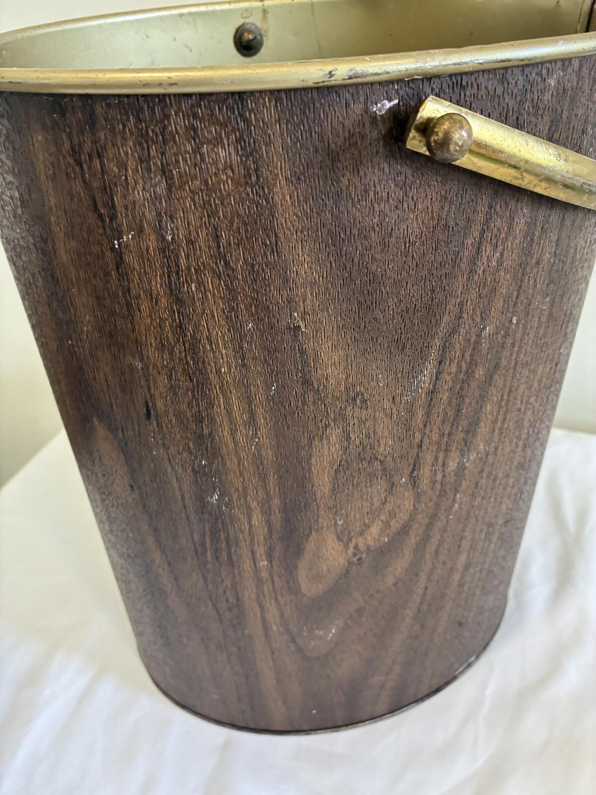 Vintage Faux Woodgrain Wastebasket, Mid Century Trash Bin with Handle