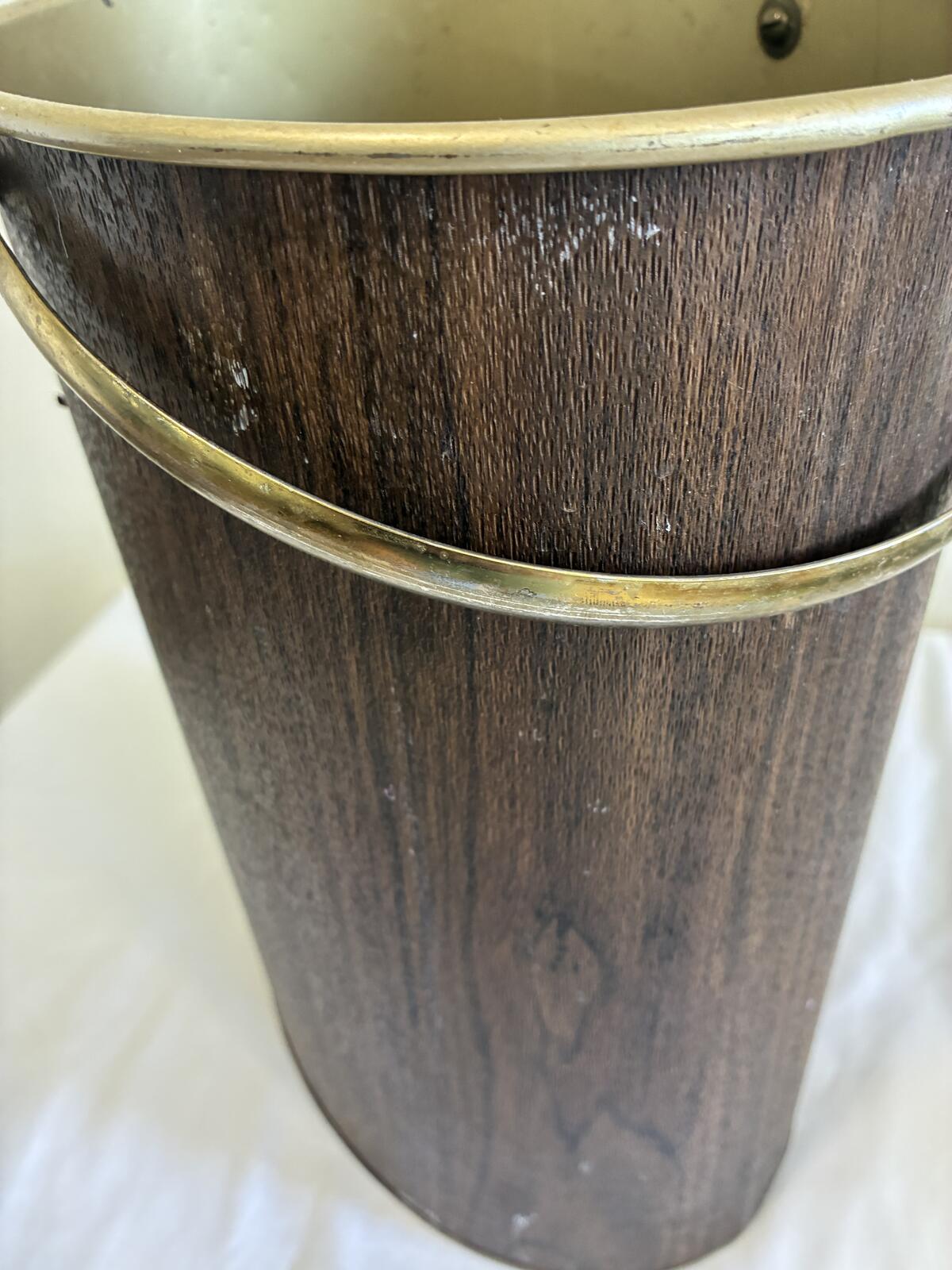 Vintage Faux Woodgrain Wastebasket, Mid Century Trash Bin with Handle