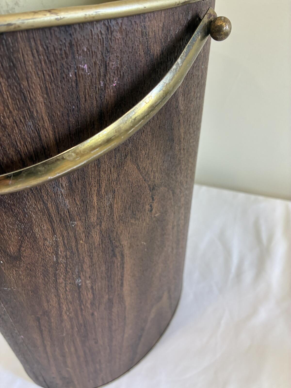 Vintage Faux Woodgrain Wastebasket, Mid Century Trash Bin with Handle
