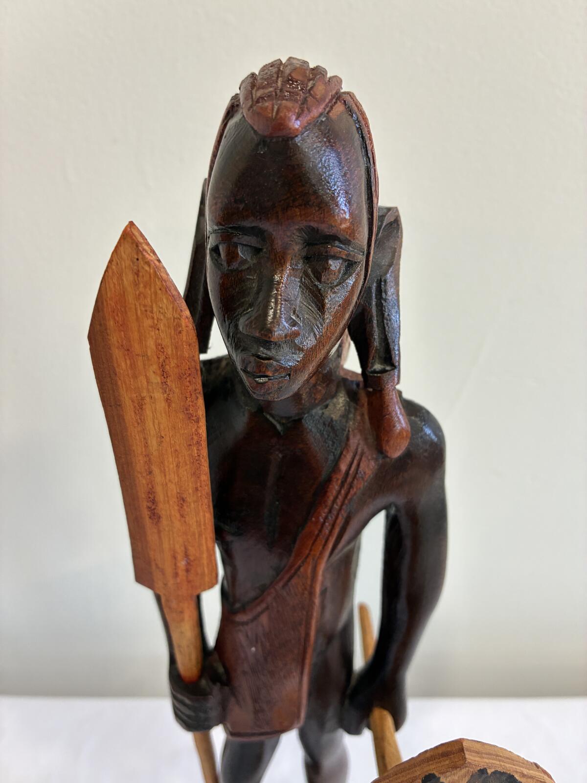 Vintage Hand Carved Maasai Warrior Figurine, African Tribal Wood Sculpture