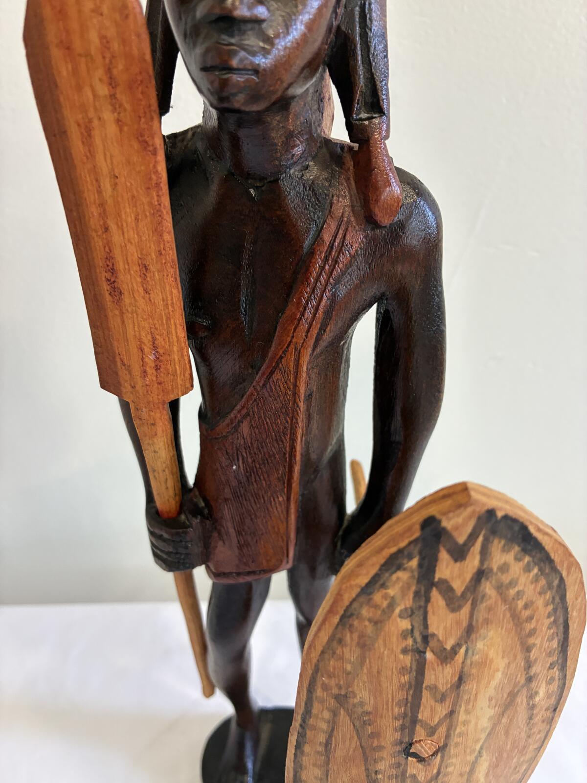 Vintage Hand Carved Maasai Warrior Figurine, African Tribal Wood Sculpture