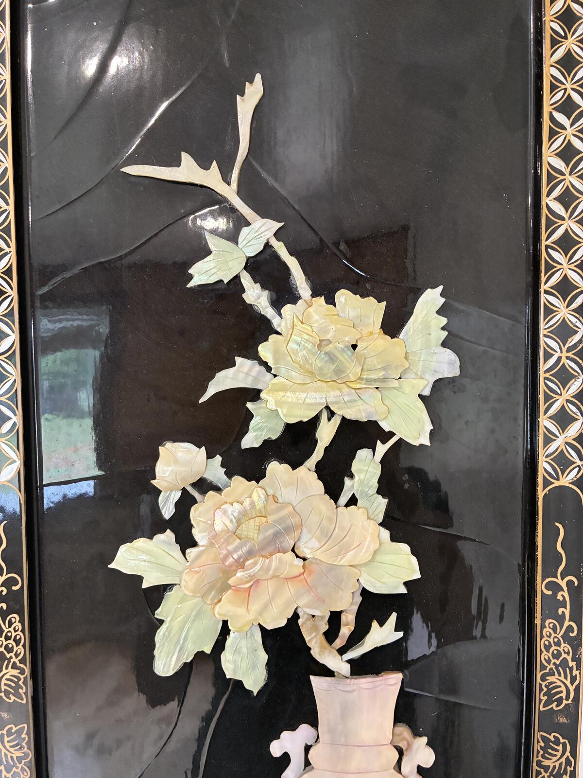 1960s Asian Chinoiserie Wall Panel, Mother of Pearl Inlay, Black Lacquer Wall Art, Hollywood Regency Decor