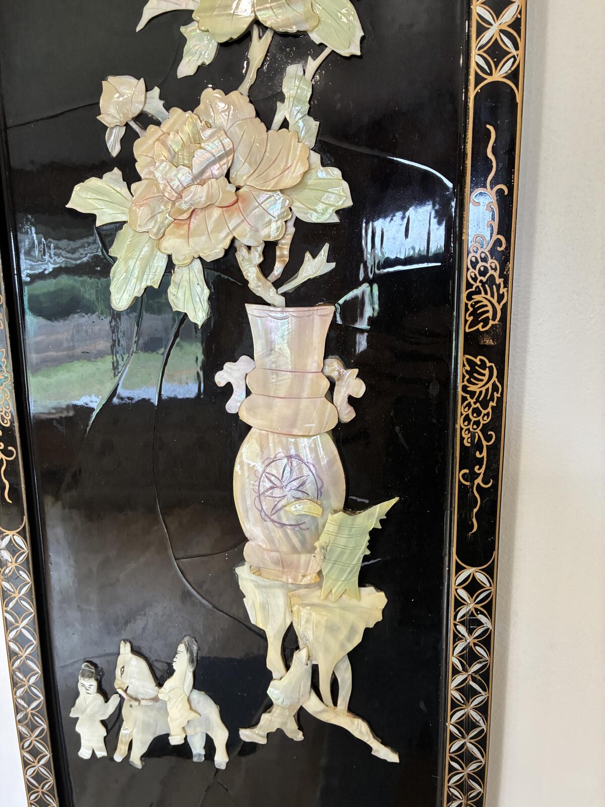 1960s Asian Chinoiserie Wall Panel, Mother of Pearl Inlay, Black Lacquer Wall Art, Hollywood Regency Decor