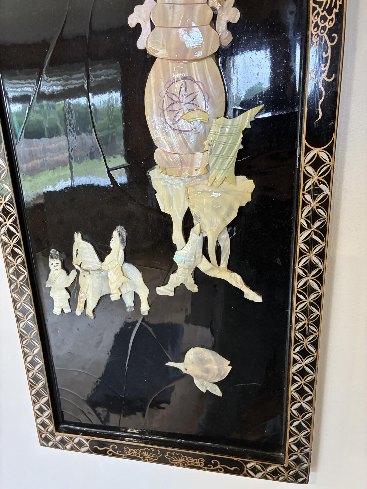 1960s Asian Chinoiserie Wall Panel, Mother of Pearl Inlay, Black Lacquer Wall Art, Hollywood Regency Decor