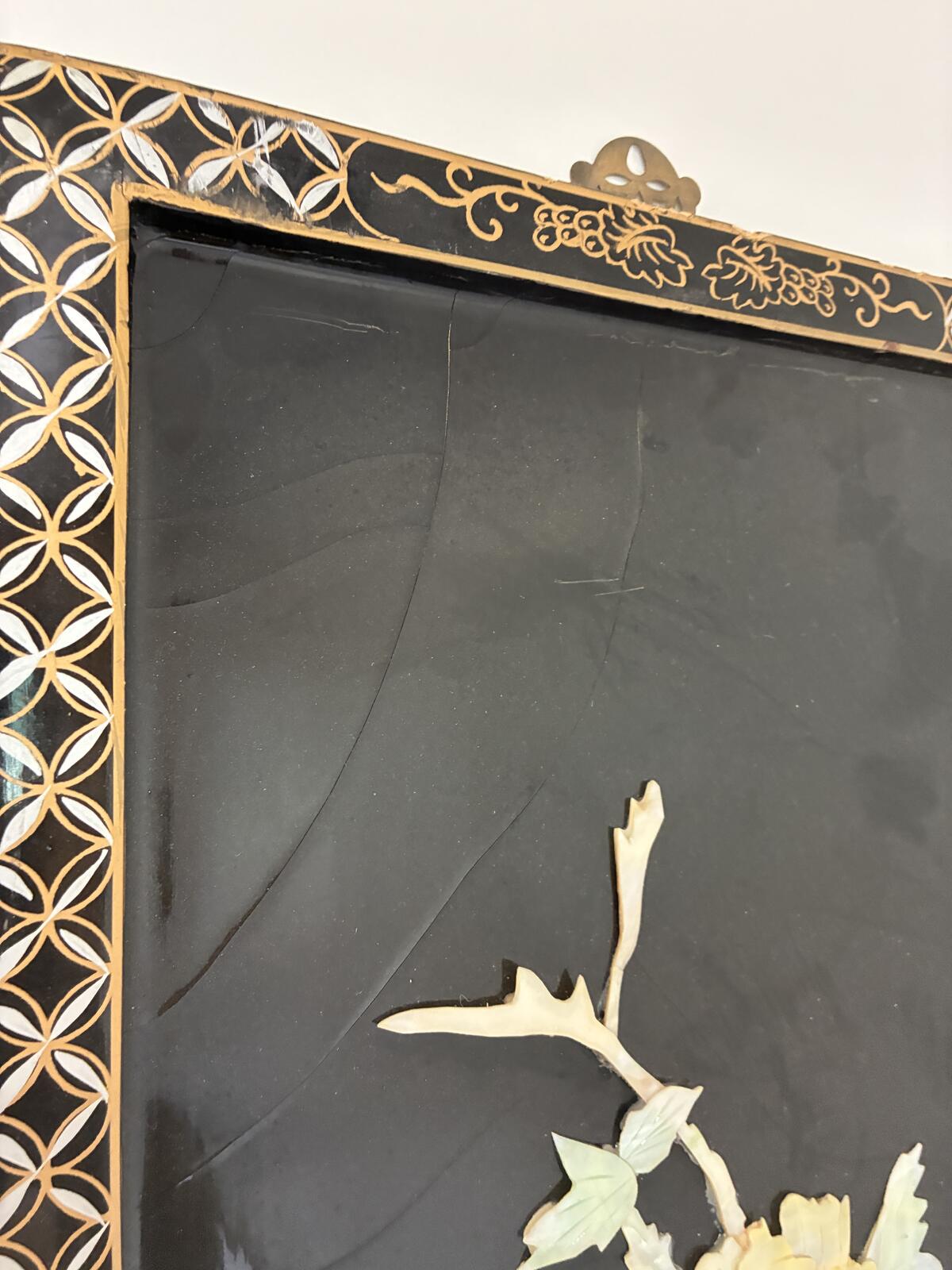 1960s Asian Chinoiserie Wall Panel, Mother of Pearl Inlay, Black Lacquer Wall Art, Hollywood Regency Decor