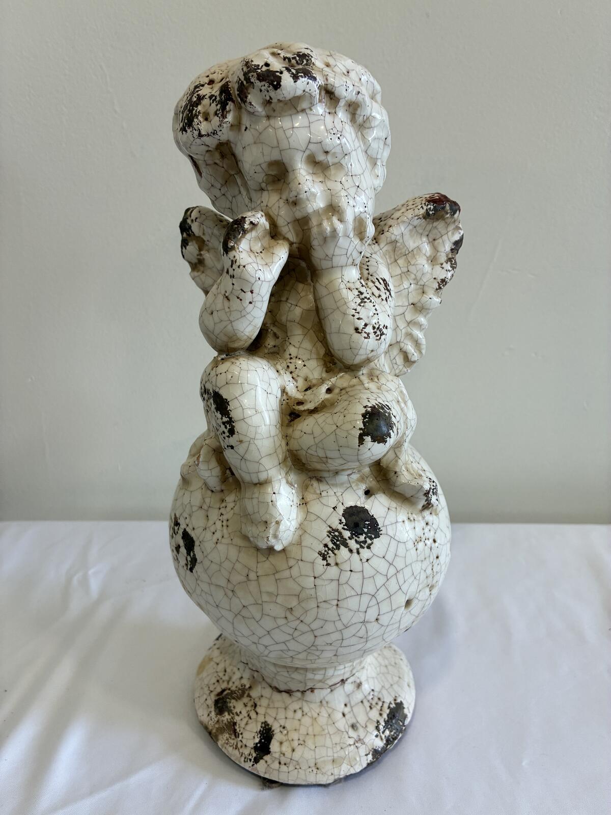 Vintage Crackle Glaze Cherub Statue Ceramic Angel Figurine Shabby Chic Cottage Garden Decor
