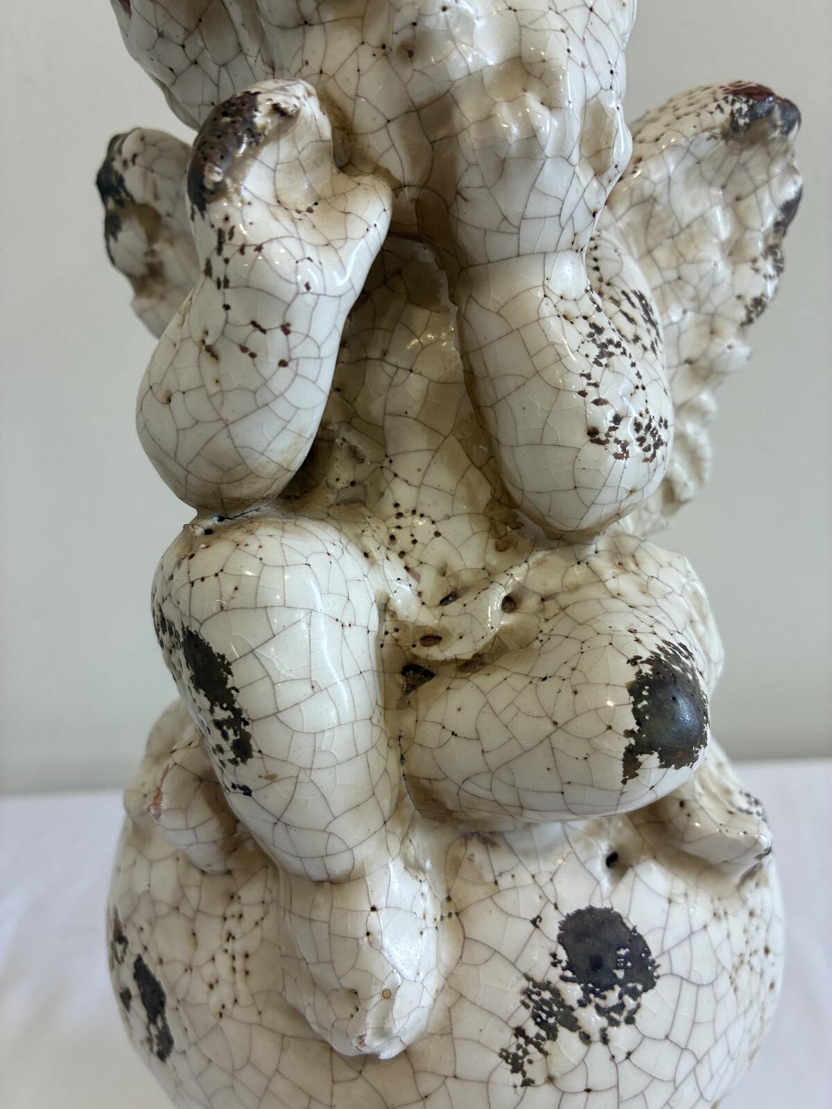 Vintage Crackle Glaze Cherub Statue Ceramic Angel Figurine Shabby Chic Cottage Garden Decor