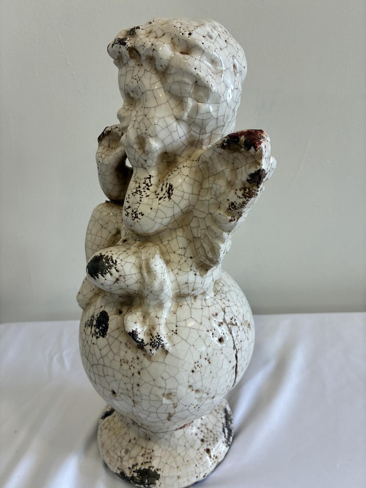 Vintage Crackle Glaze Cherub Statue Ceramic Angel Figurine Shabby Chic Cottage Garden Decor