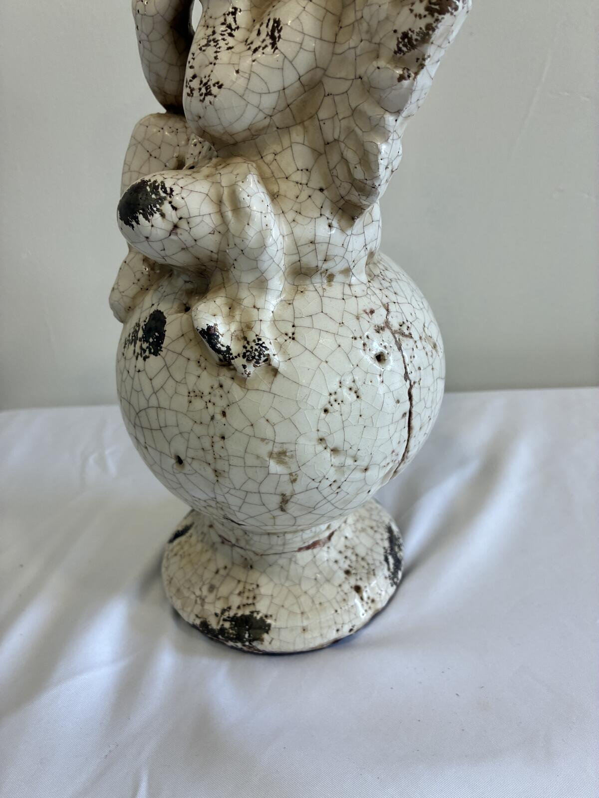 Vintage Crackle Glaze Cherub Statue Ceramic Angel Figurine Shabby Chic Cottage Garden Decor
