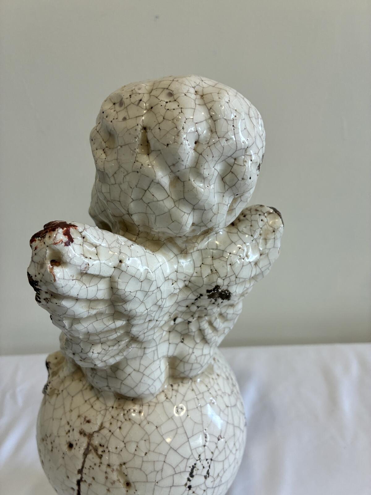 Vintage Crackle Glaze Cherub Statue Ceramic Angel Figurine Shabby Chic Cottage Garden Decor