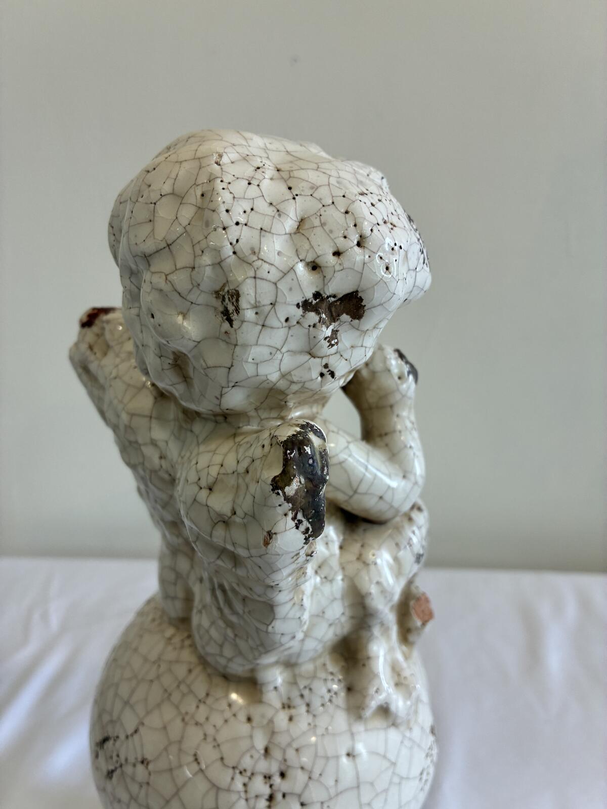 Vintage Crackle Glaze Cherub Statue Ceramic Angel Figurine Shabby Chic Cottage Garden Decor