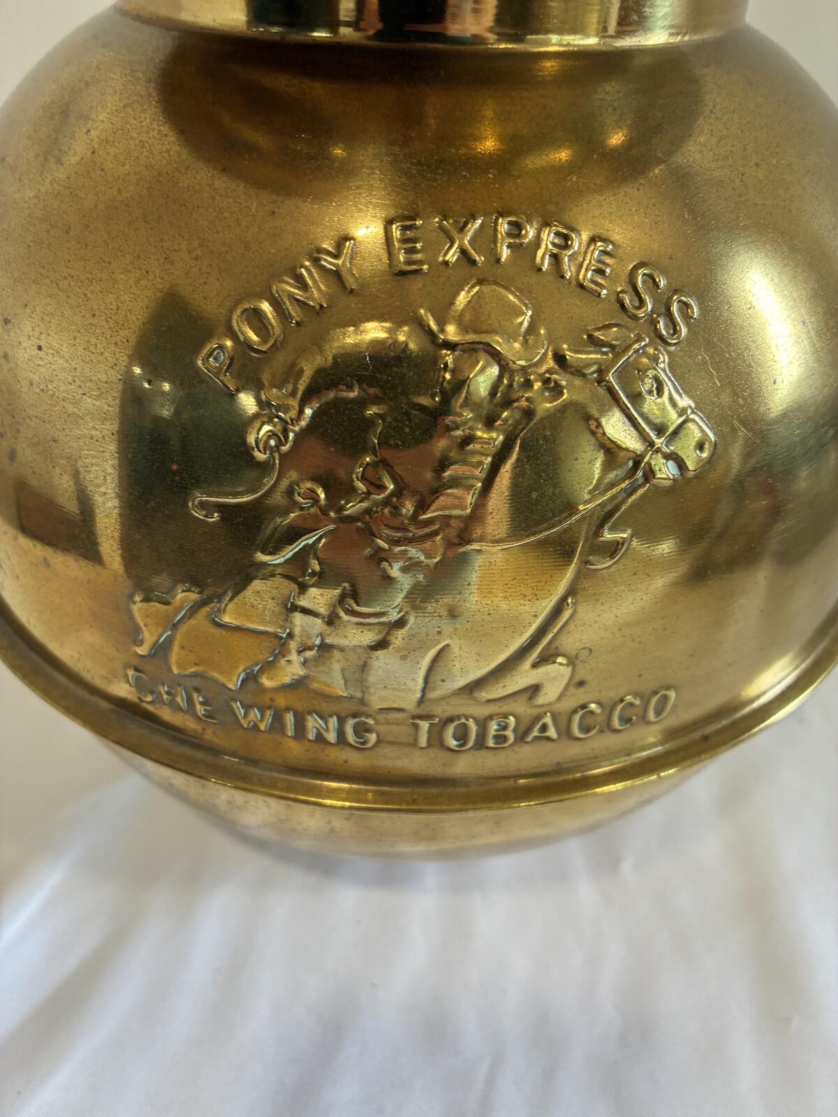 Vintage Pony Express Brass Spittoon Chewing Tobacco Western Advertising Display
