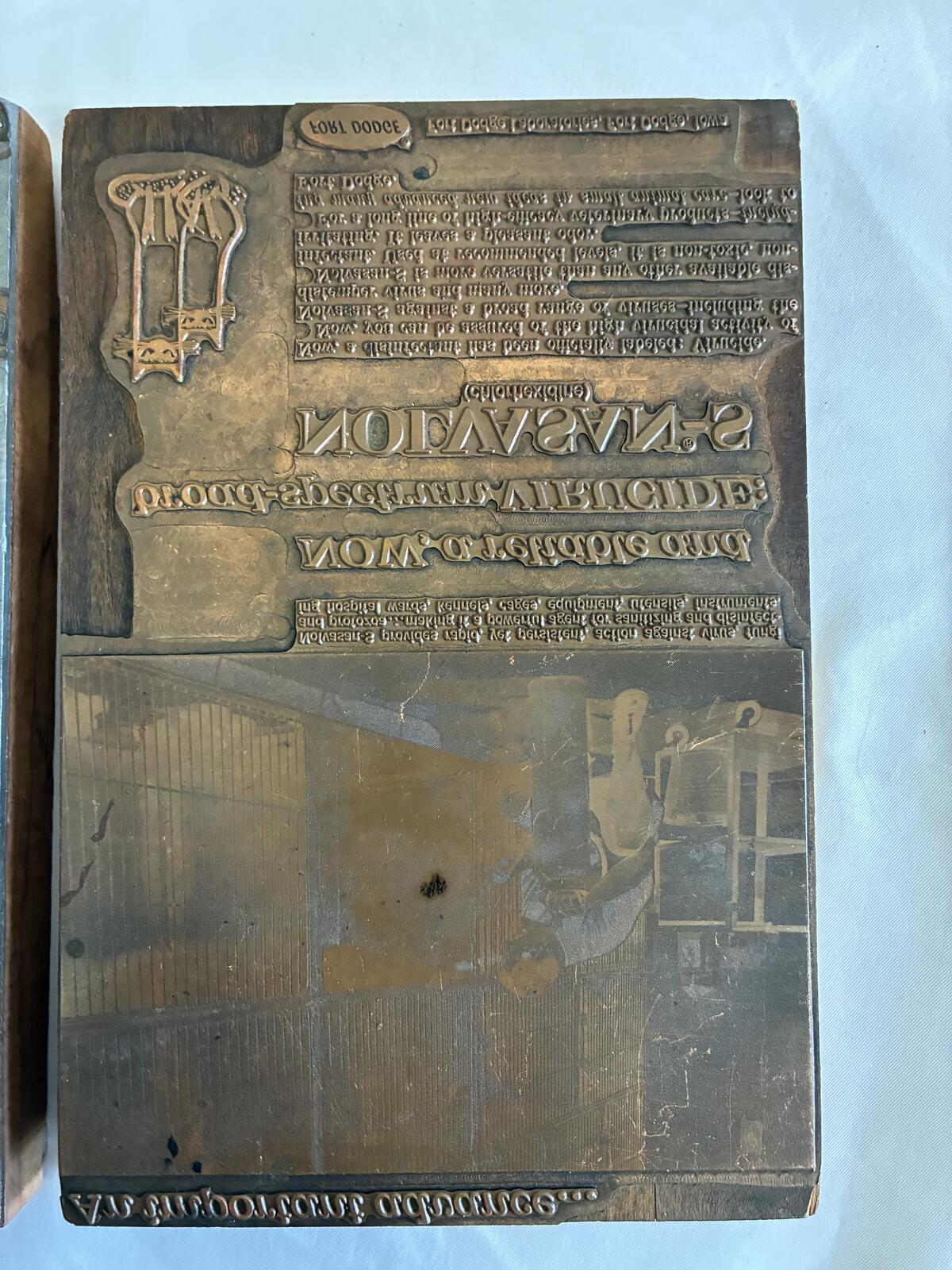 Antique Letterpress Printing Plates on Wood Blocks, Advertising Printer's Blocks, Industrial Wall Art